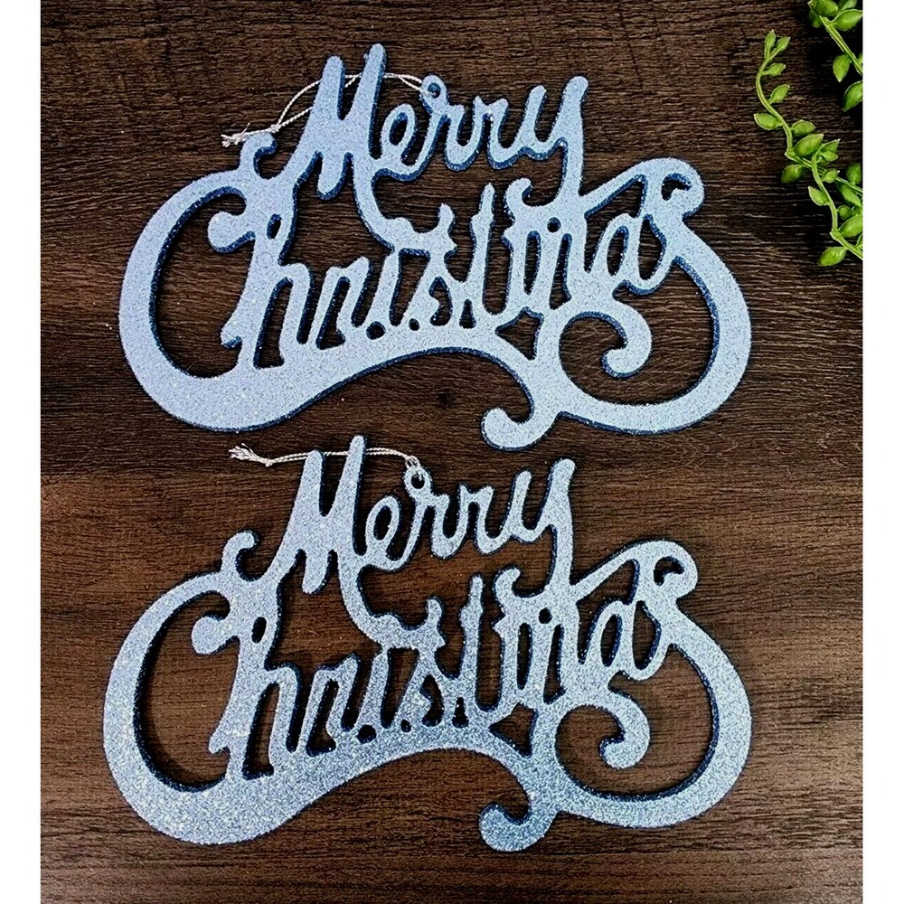 Merry Christmas Tree Ornaments Light Icy Blue Glitter Shabby Chic 2 Pc 8.5" NEW‎